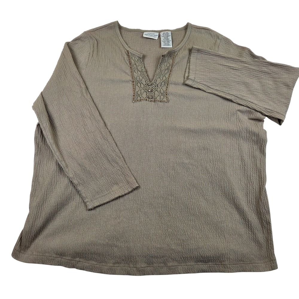 White Stag Top Taupe Women Plus 18W/20W Crinkle Crochet Lace Split Neck Stretch